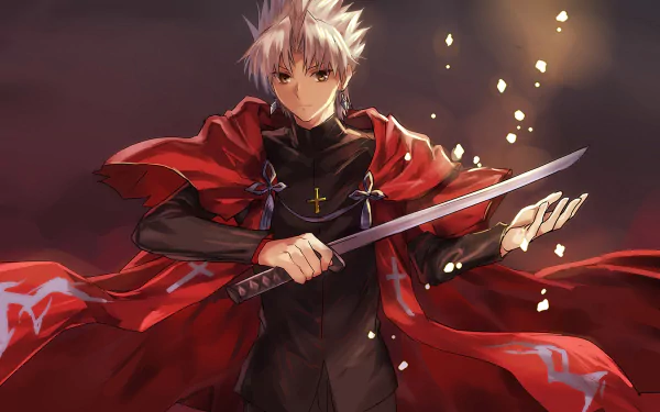 HD desktop wallpaper of Shirou Kotomine from Fate/Apocrypha, featuring the anime character wielding a sword with a red and black backdrop.
