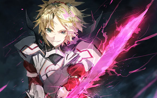 HD desktop wallpaper featuring Saber of Red (Mordred) from Fate/Apocrypha, depicted in vibrant anime style with a glowing pink sword against a dark background.