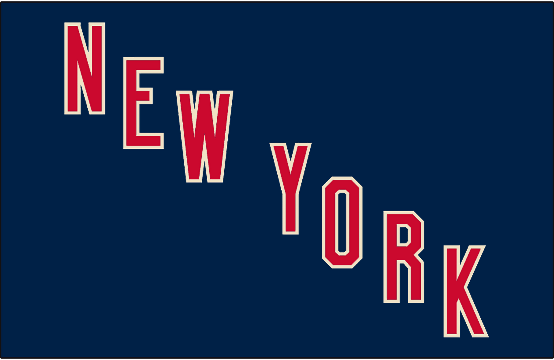 New York Rangers sports 2K Quad HD PC desktop wallpaper — navy background with diagonal red-and-white block letters spelling NEW YORK.