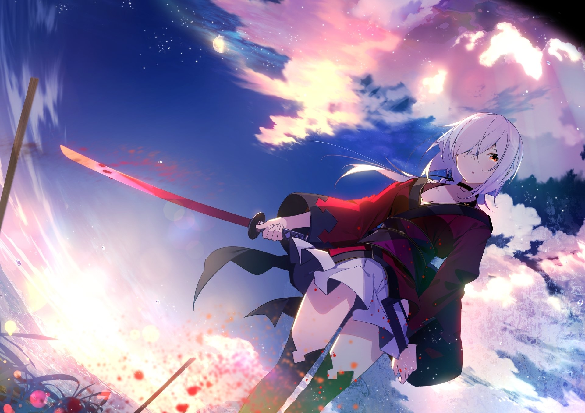 HD desktop wallpaper featuring original anime artwork of a character with white hair holding a red sword against a vibrant sky background.