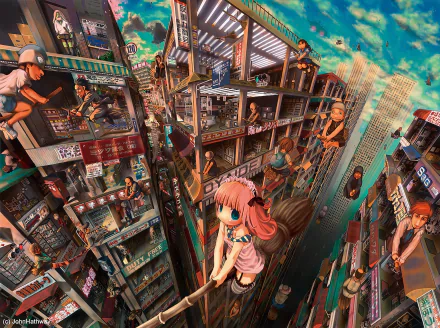 Anime original HD PC desktop wallpaper: pink‑haired girl with headphones perched on a beam amid towering, crowded city blocks, vivid colors and detailed isometric urban skyline.