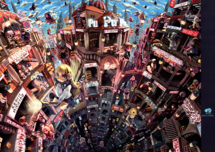 HD anime wallpaper showcasing a bustling, vibrant cityscape with people flying between intricately detailed buildings.