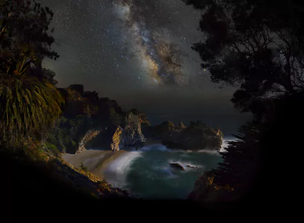 HD wallpaper of McWay Falls in Big Sur, California, with a starry night sky and the Milky Way overhead. The scene includes the beach, waterfall, surrounding mountains, and lush nature, creating a serene backdrop.