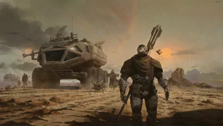 HD PC desktop wallpaper featuring a Sci-Fi warrior in armor holding weapons, standing before a futuristic vehicle and robot in a war-torn Destiny video game setting.