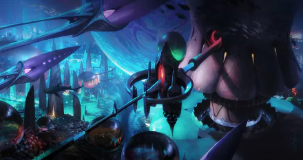 A fantasy underwater cityscape with futuristic buildings and a large shark swimming through the vibrant, glowing aquatic environment. HD PC desktop wallpaper.