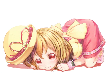 Anime-style original character with short blonde hair, red eyes, wearing a pink dress and a yellow hat, featured as an HD PC desktop wallpaper.