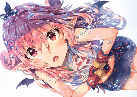 HD desktop wallpaper of an anime girl with pink hair, wearing shorts, a necklace, and gloves. She is surrounded by bubbles and appears to be underwater.