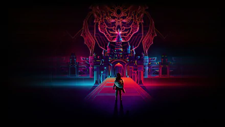 Retro wave neon image of Link from The Legend of Zelda: Twilight Princess facing a glowing castle with Ganondorf's sinister visage above. HD wallpaper and background with a video game theme.