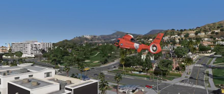 Grand Theft Auto V video game HD PC desktop wallpaper: orange rescue helicopter flies over a palm-lined Los Santos neighborhood with roads, houses and distant hills.