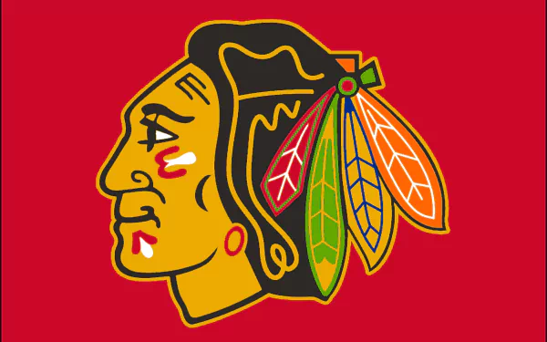 HD desktop wallpaper featuring the Chicago Blackhawks logo on a red background, representing the iconic NHL sports team.