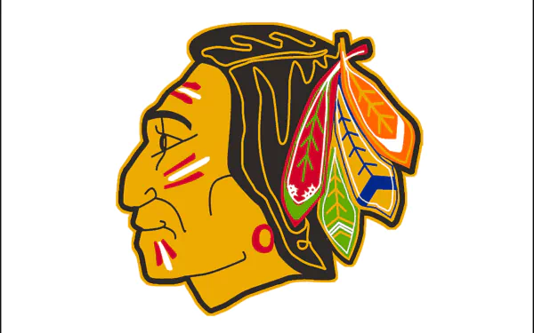 Chicago Blackhawks logo: stylized profile with multicolored feather headdress on white backdrop — 2K Quad HD sports PC desktop wallpaper/background.