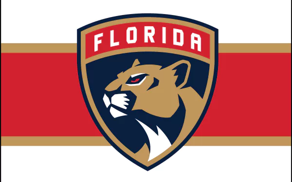 Florida Panthers crest centered on red and white background with gold stripes — 2K Quad HD PC desktop wallpaper and background, sports team logo.