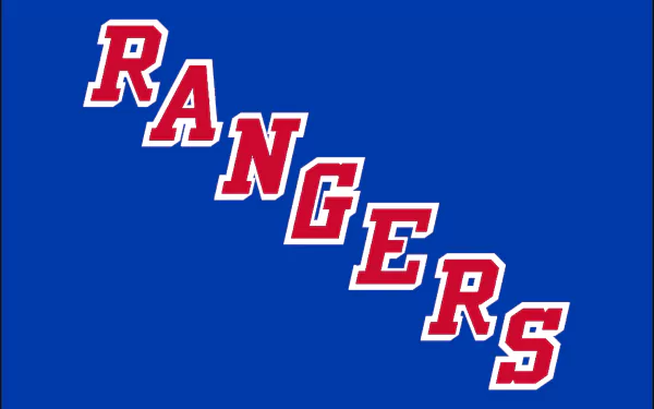 HD PC desktop wallpaper featuring the New York Rangers logo in bold red and white letters against a solid blue background, representing the sports team.