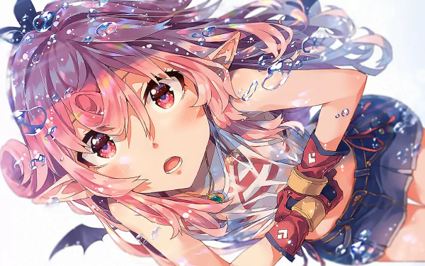 HD desktop wallpaper of an anime girl with pink hair, wearing shorts, a necklace, and gloves. She is surrounded by bubbles and appears to be underwater.