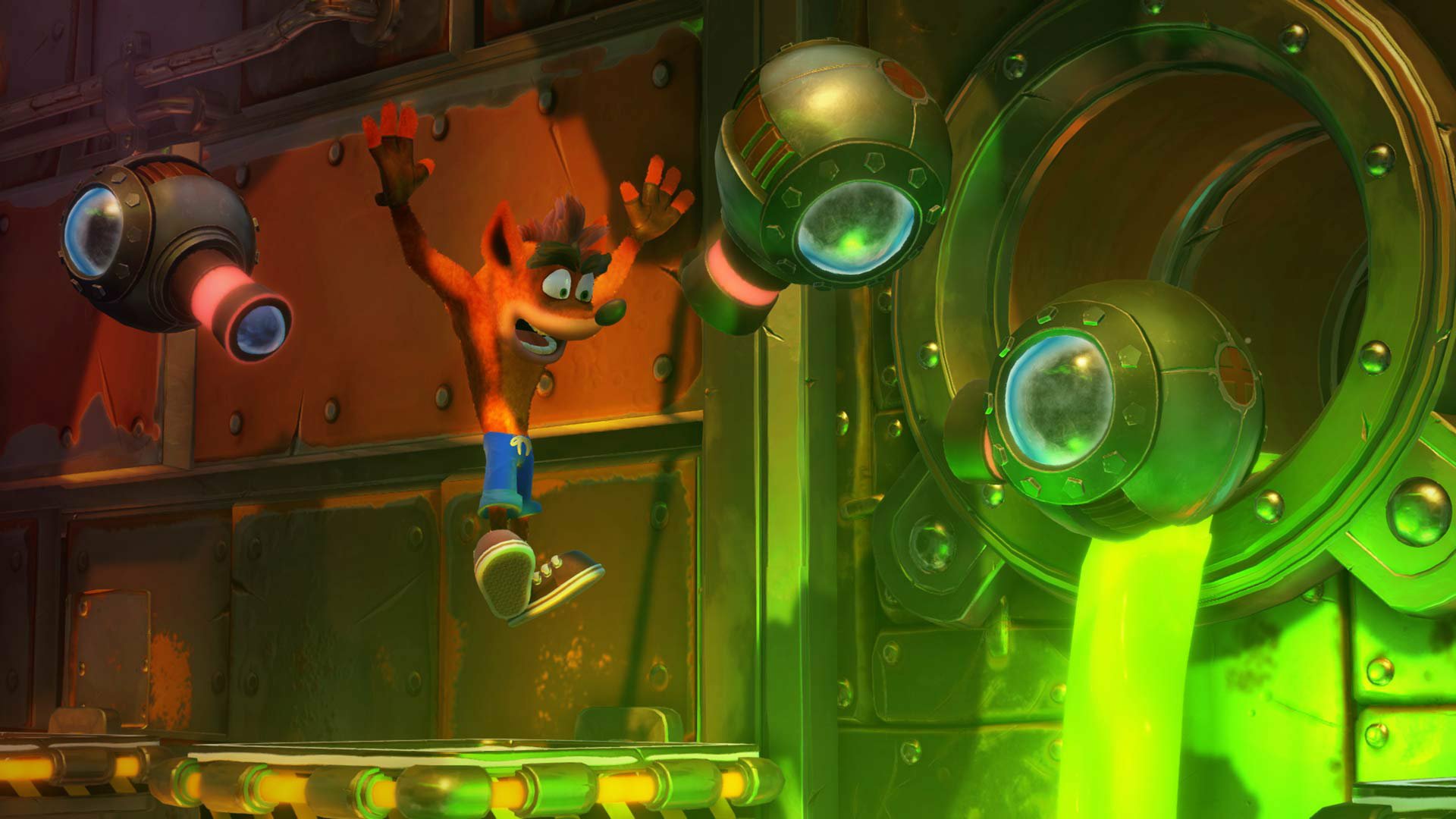 HD PC desktop wallpaper/background of Crash Bandicoot leaping through a glowing industrial level from the Crash Bandicoot N. Sane Trilogy video game.