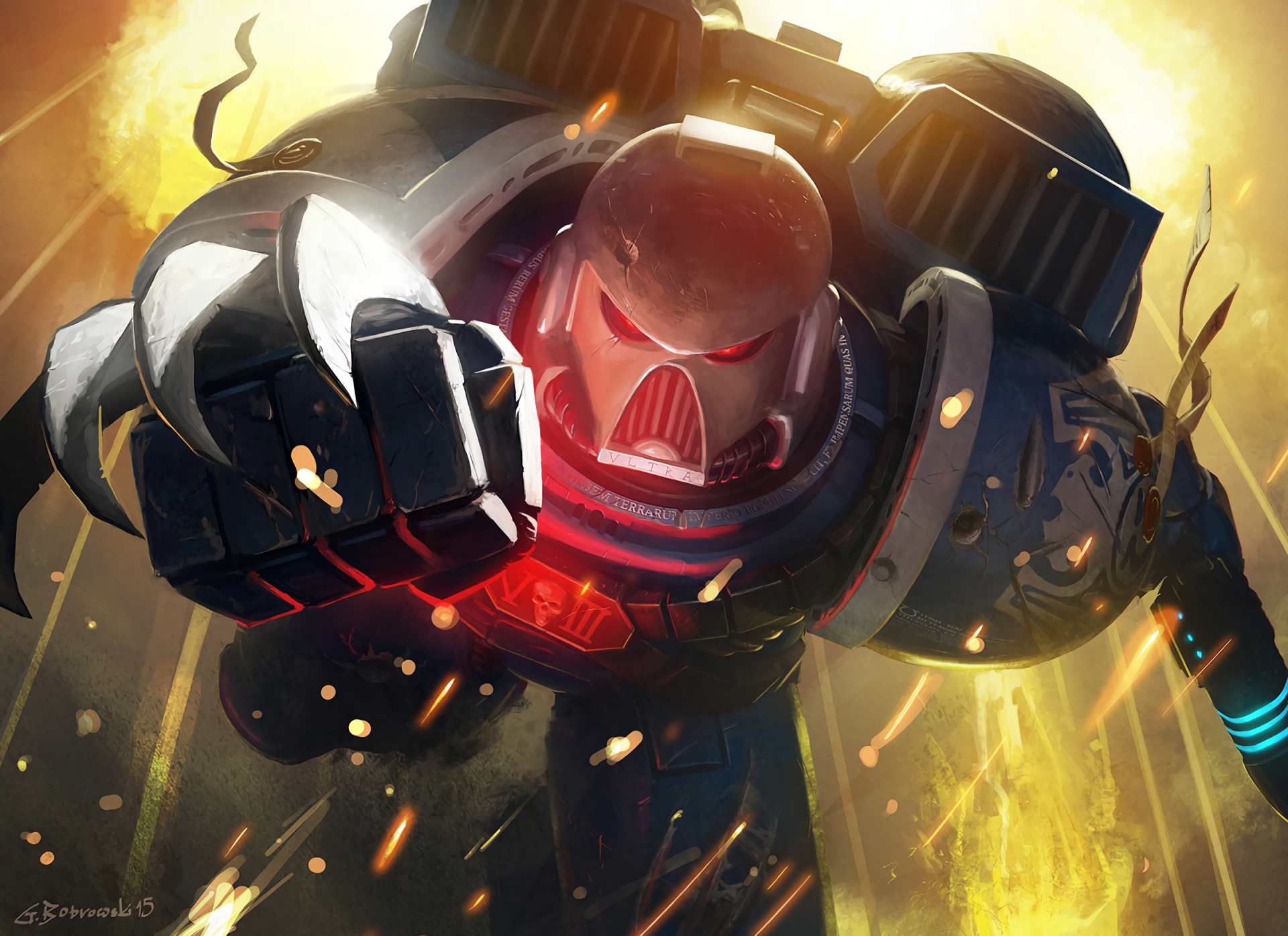 Warhammer 40k Space Marine in black power armor, fist punching through sparks and glowing embers — HD PC desktop wallpaper/background for a video game.