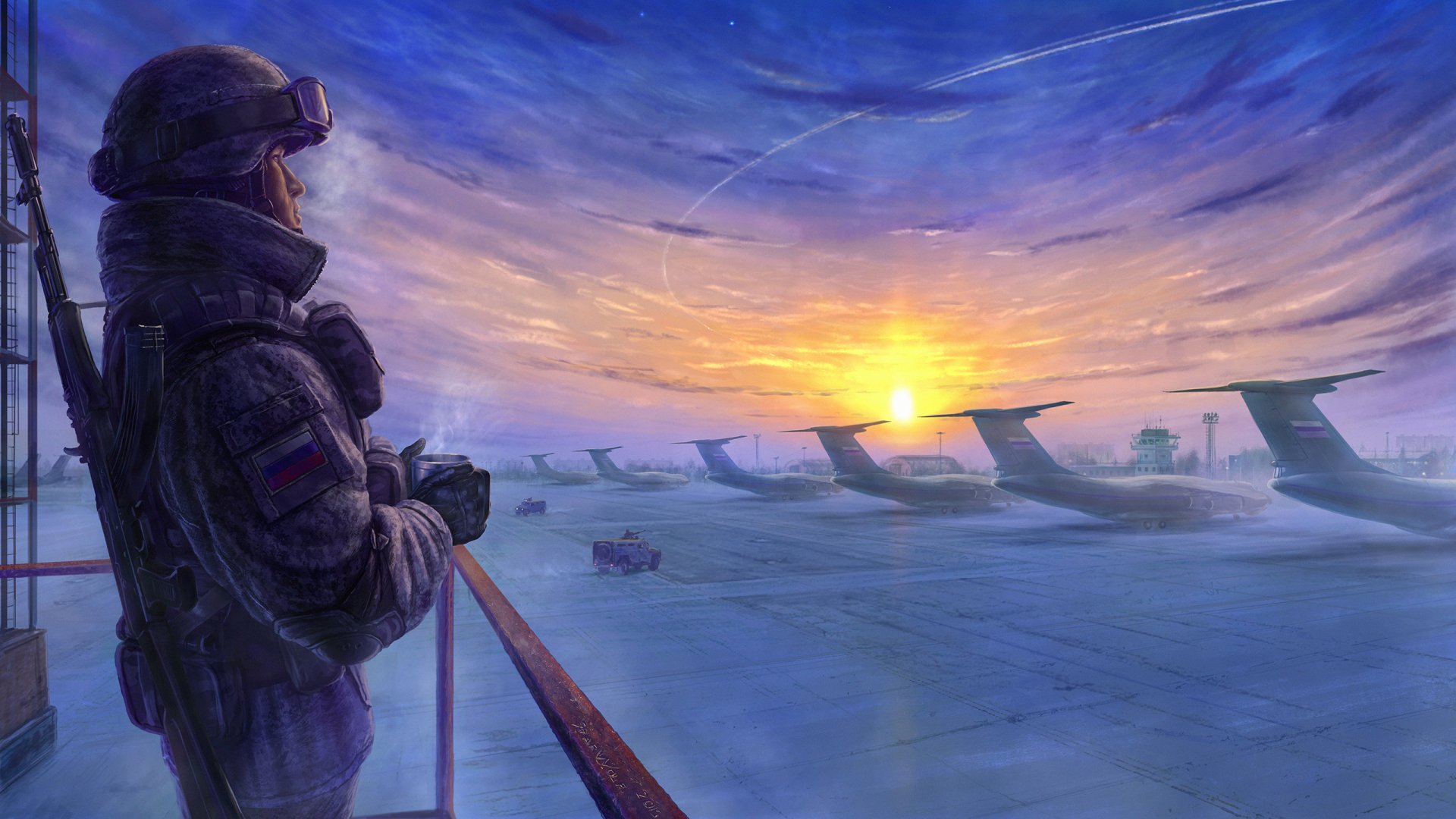 A Russian soldier watches transport aircraft lined up on a snowy airfield at sunrise, with a dramatic sky in this artistic HD military wallpaper.
