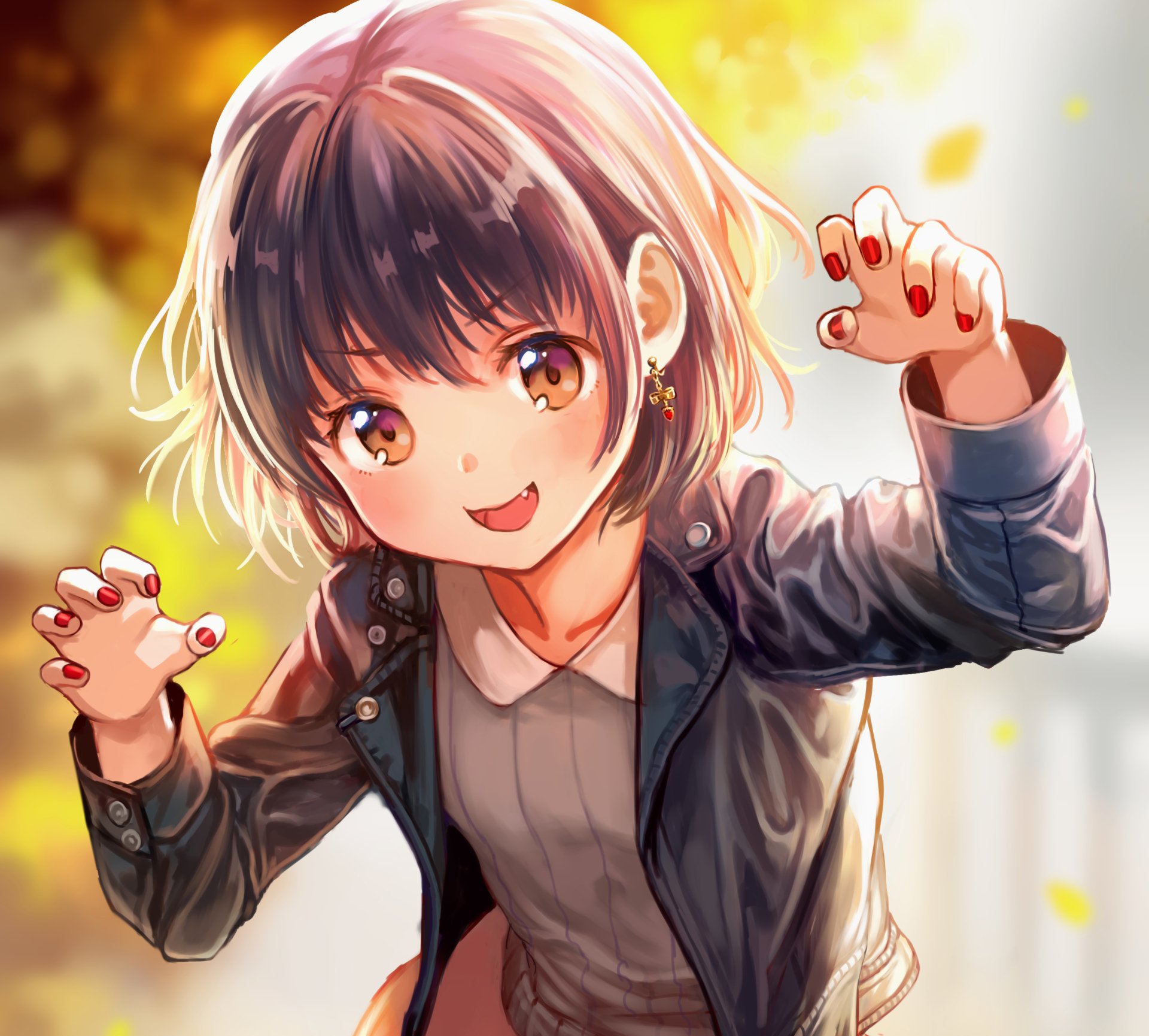 Cute original anime character with short hair, wearing a jacket and showing playful fangs, captured in an HD desktop wallpaper and background.