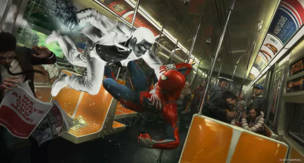 HD desktop wallpaper featuring an action-packed scene from the Spider-Man (PS4) video game, showing Spider-Man battling an adversary on a subway train.