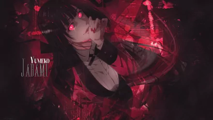 A striking HD desktop wallpaper featuring Yumeko Jabami from the anime Kakegurui, bathed in dark red hues with a dramatic and intense expression.