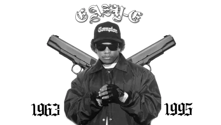 HD wallpaper featuring a monochrome graphic of Eazy-E with a Compton logo and the years 1963 to 1995.