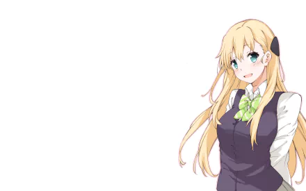 HD anime wallpaper featuring Karen Tendou, a blonde gamer character with a green bow, wearing a dark vest and white shirt, set against a clean white background.