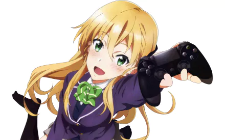 HD desktop wallpaper featuring Karen Tendou from the anime Gamers!, showcasing her holding a game controller against a white background.