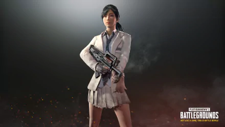 A high-definition desktop wallpaper featuring a character from the video game PlayerUnknown's Battlegrounds, holding a weapon and standing confidently against a smoky background.