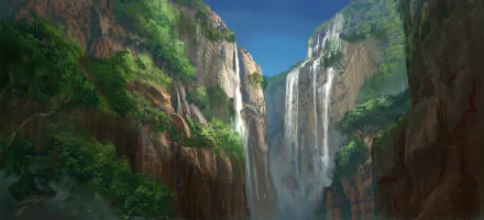 Anime-style HD desktop wallpaper depicting a mountain landscape with lush greenery and cascading waterfalls under a clear blue sky.