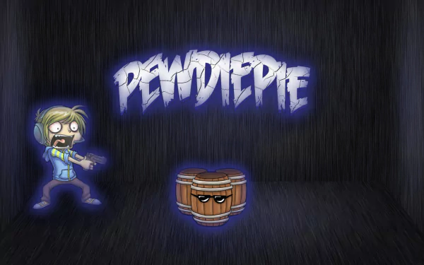 HD desktop wallpaper featuring a stylized cartoon character and a drum with the PewDiePie logo in a dimly lit room.