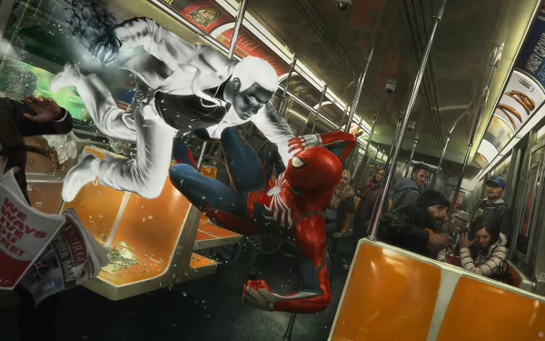 HD desktop wallpaper featuring an action-packed scene from the Spider-Man (PS4) video game, showing Spider-Man battling an adversary on a subway train.