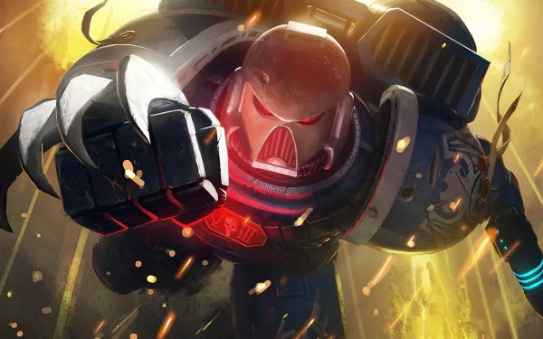 Warhammer 40k Space Marine in black power armor, fist punching through sparks and glowing embers — HD PC desktop wallpaper/background for a video game.