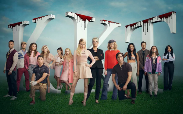 HD desktop wallpaper featuring the cast of Scream Queens with a blood-dripping title logo set against a blue sky background.