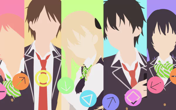 HD PC wallpaper featuring minimalist anime-style portraits of Aguri, Tasuku Uehara, Keita Amano, Karen Tendou, and Chiaki Hoshinomori from Gamers! with gaming icons.
