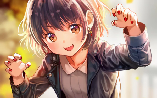 Cute original anime character with short hair, wearing a jacket and showing playful fangs, captured in an HD desktop wallpaper and background.
