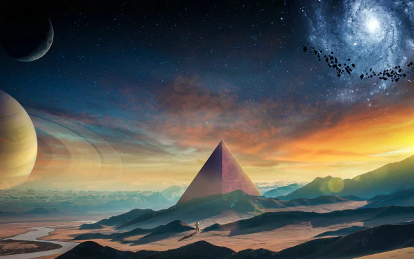 HD Sci-Fi wallpaper featuring an astronaut on a desert planet with a pyramid, surrounded by distant planets and a galaxy, set against a vibrant sunset landscape.