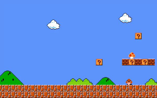 HD desktop wallpaper and background featuring a scene from the classic video game Super Mario Bros. by Nintendo, showcasing the iconic 8-bit landscape with brick blocks, question boxes, a mushroom, and Goomba.