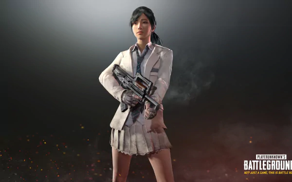 A high-definition desktop wallpaper featuring a character from the video game PlayerUnknown's Battlegrounds, holding a weapon and standing confidently against a smoky background.