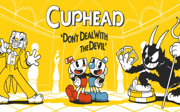 Cuphead HD wallpaper featuring characters Cuphead, Mugman, King Dice, and The Devil from the video game Cuphead, set against a yellow background with the text Don't Deal With The Devil.