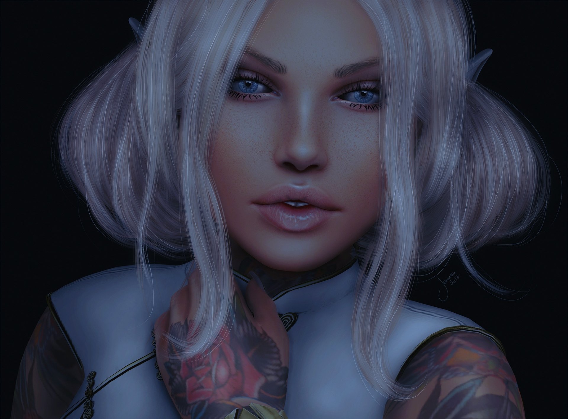 HD fantasy desktop wallpaper featuring a white-haired elf with blue eyes, pointed ears, and intricate tattoos on her face and hand.