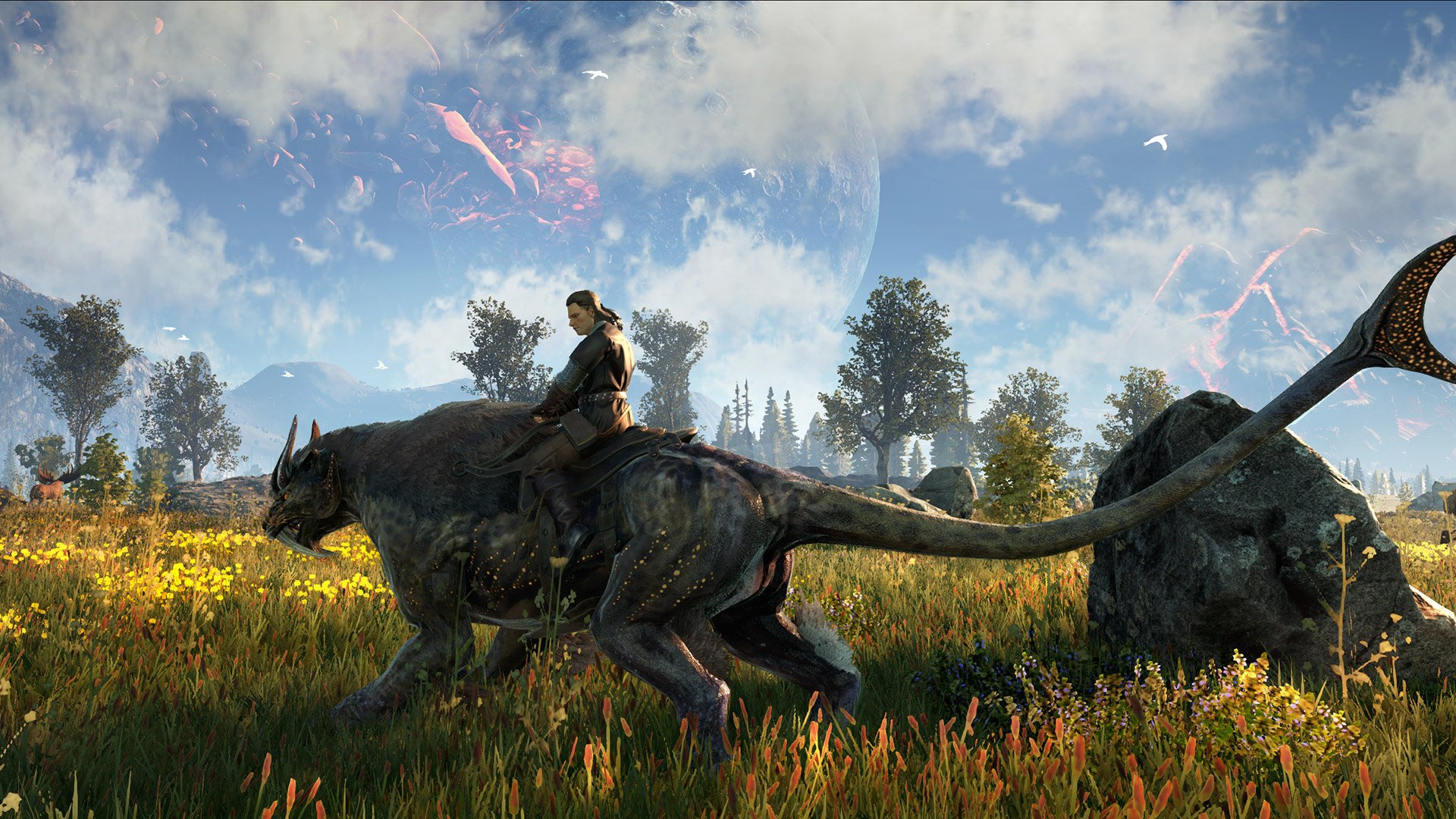 HD PC desktop wallpaper from the video game Dark and Light: a rider atop a giant feline-like mount crosses sunlit grasslands with trees, rocks and a massive moon looming overhead.