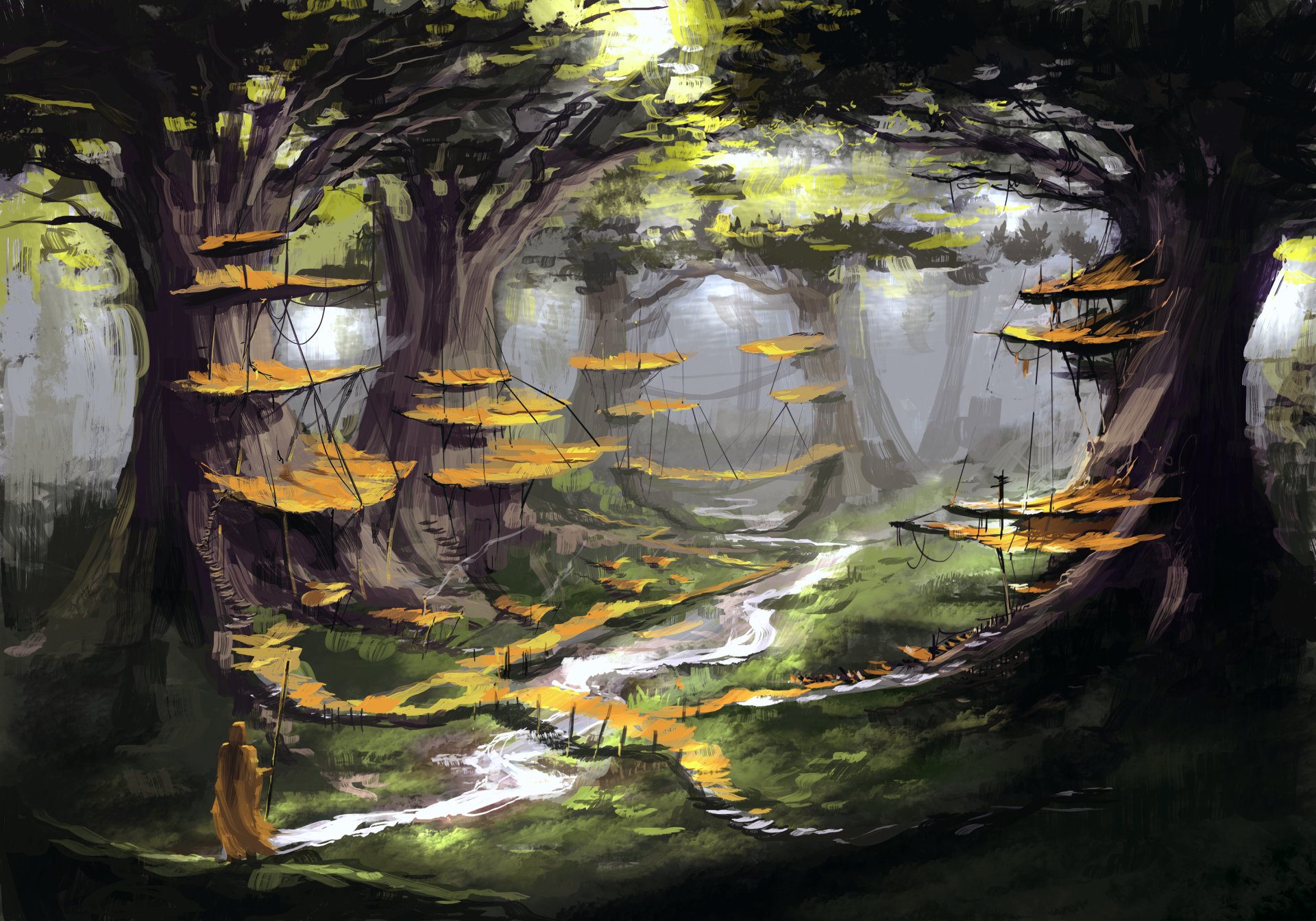 A fantasy forest with large trees and floating wooden platforms connected by ropes, set along a winding stream in a mystical town, shown in HD PC desktop wallpaper quality.