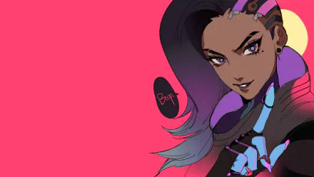 HD PC desktop wallpaper featuring Sombra from the video game Overwatch with a vivid pink background and vibrant character details.