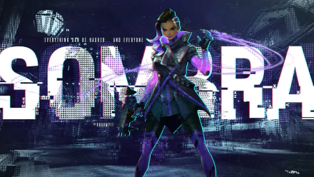 HD PC desktop wallpaper featuring Sombra from the video game Overwatch, showcasing her in a dynamic pose with glowing purple cyber effects and glitch-style text background.