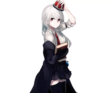 Anime-style character with long white hair, red eyes, wearing thigh highs, a shirt, and tie, holding a book and wearing a crown, set against a white background in HD.