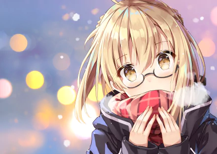 HD desktop wallpaper of Heroine X from Fate/Grand Order, featuring an anime-style character with blonde hair and glasses, wearing a scarf against a backdrop of soft, glowing lights.