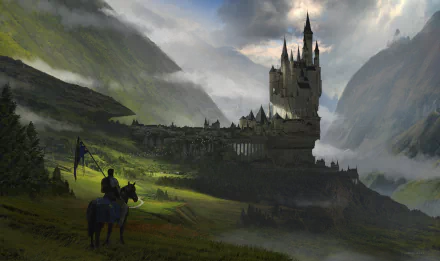 A fantasy warrior on horseback approaches a misty landscape with a towering castle and distant city, captured in a high-definition fantasy wallpaper scene.