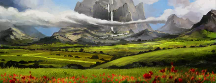 A vibrant fantasy landscape featuring a towering mountain with cascading waterfall, surrounded by lush green fields dotted with red poppies under a cloudy sky.