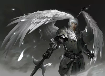 A white-haired angel warrior clad in armor, wielding a spear with large, white wings spread wide, set against a dramatic fantasy background in 4K Ultra HD.