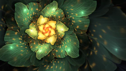 Abstract fractal flower with glowing green petals and a golden center, rendered as a high-detail 4K Ultra HD PC desktop wallpaper and background.